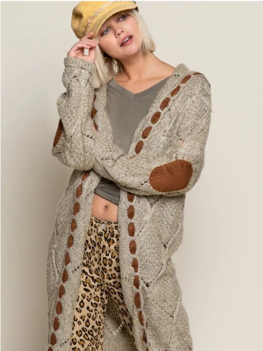 Camisa Women's Cozy Beige Open-Front Hooded Long Cardigan Sweater - M
